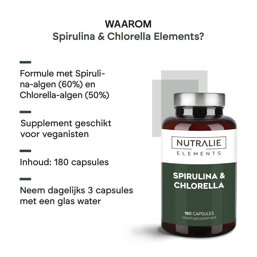 Grafiek met informatie over Nutralie Spirulina & Chlorella Elements, inclusief ingrediënten.