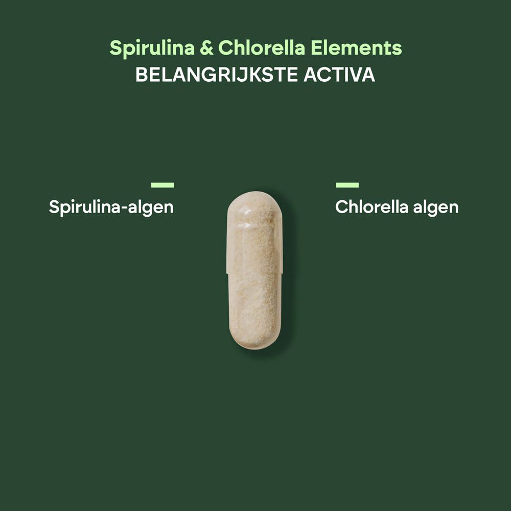 Enkele capsule, gelabeld Spirulina algen en Chlorella algen.