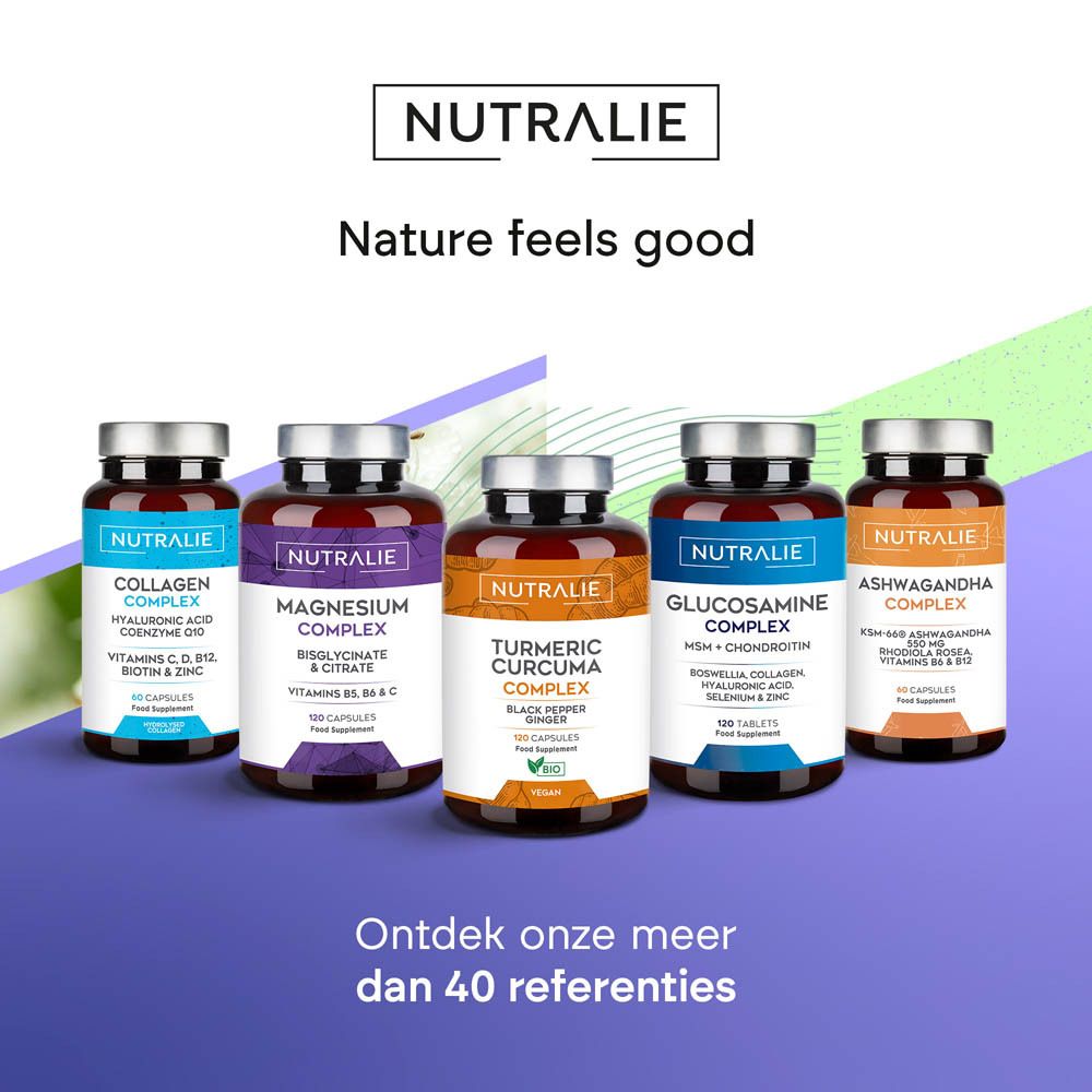Vijf Nutralie productflessen, waaronder Collageen, Magnesium, Kurkuma, Glucosamine, Ashwagandha.
