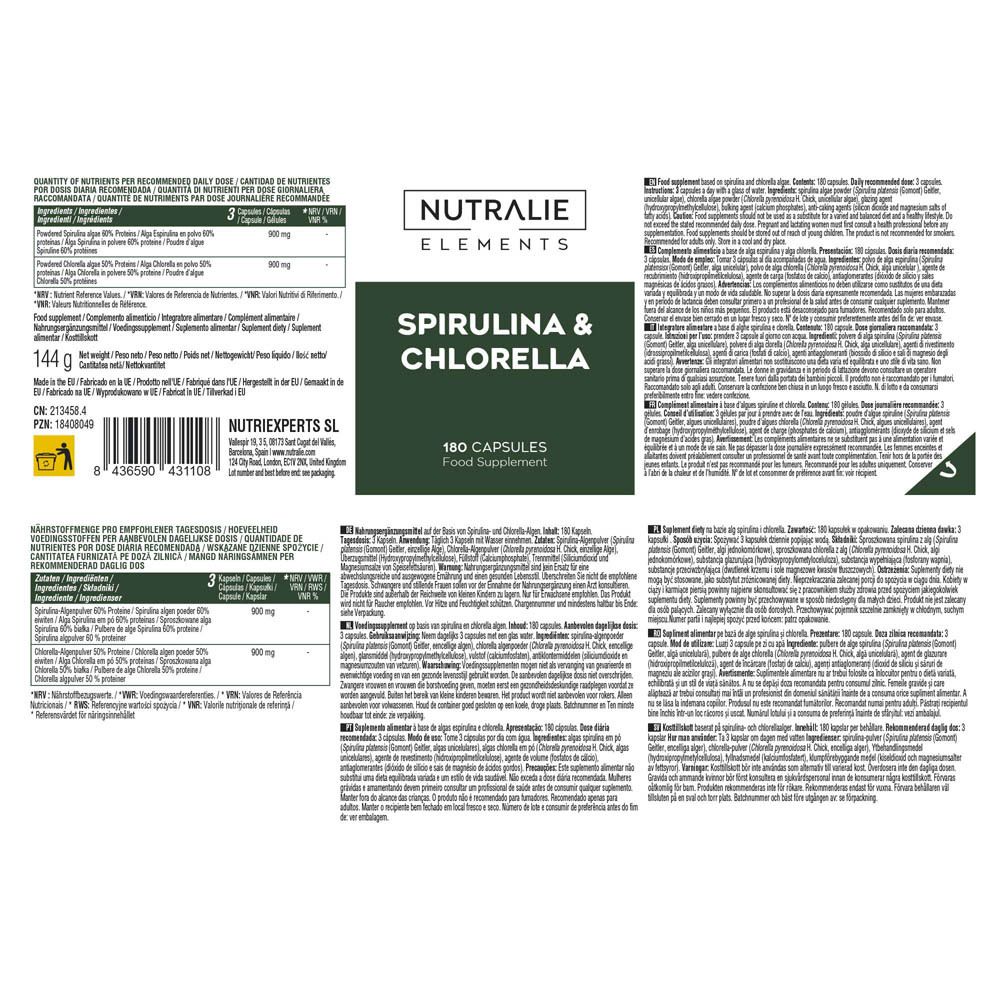 Fles Nutralie Spiruline & Chlorella Elements, 180 capsules, met productinformatie.