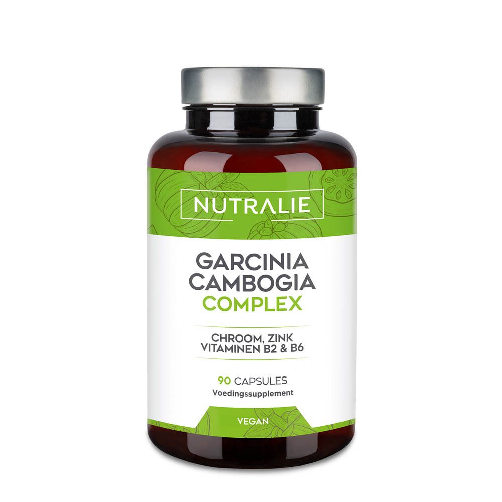 Bruine capsulefles met groen etiket: Nutralie Garcinia Cambogia Complex, 90 capsules, Chroom, Zink, Vitamines B2 & B6.