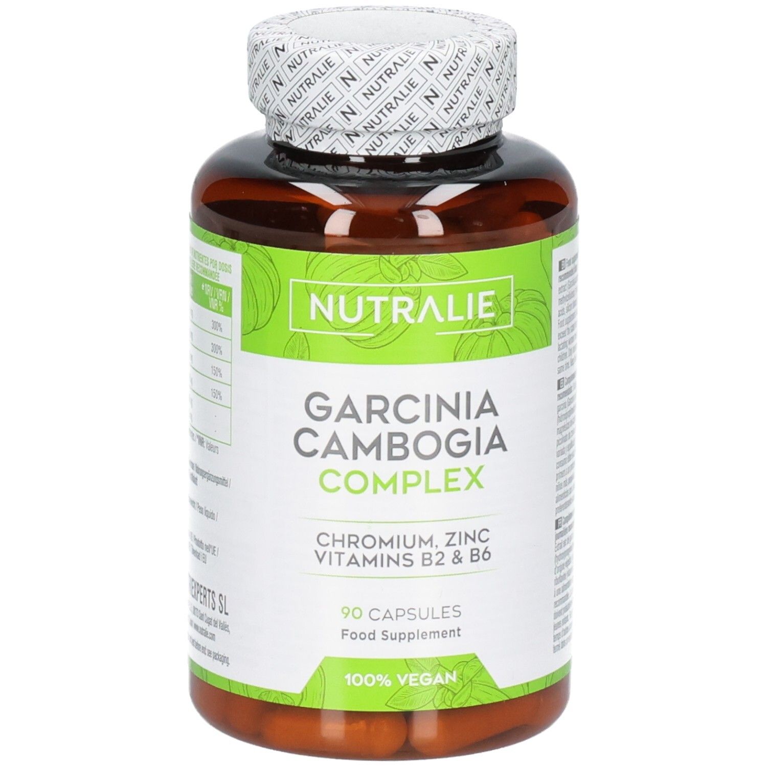Bruine capsulefles met groen etiket: Nutralie Garcinia Cambogia Complex, 90 capsules, 100% Vegan.