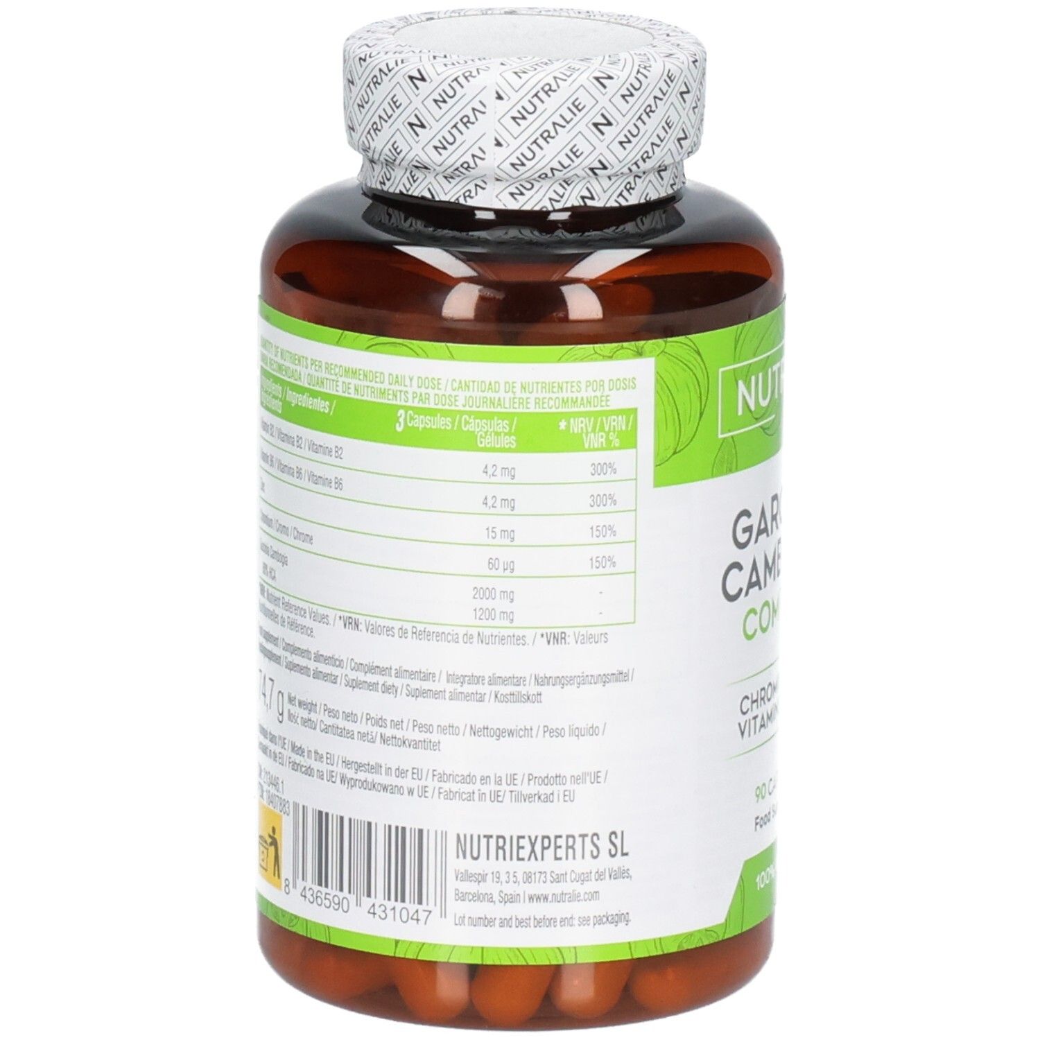 Achterkant van een bruine capsulefles met groen etiket: Nutralie Garcinia Cambogia Complex, voedingswaarde-informatie, 90 capsules.