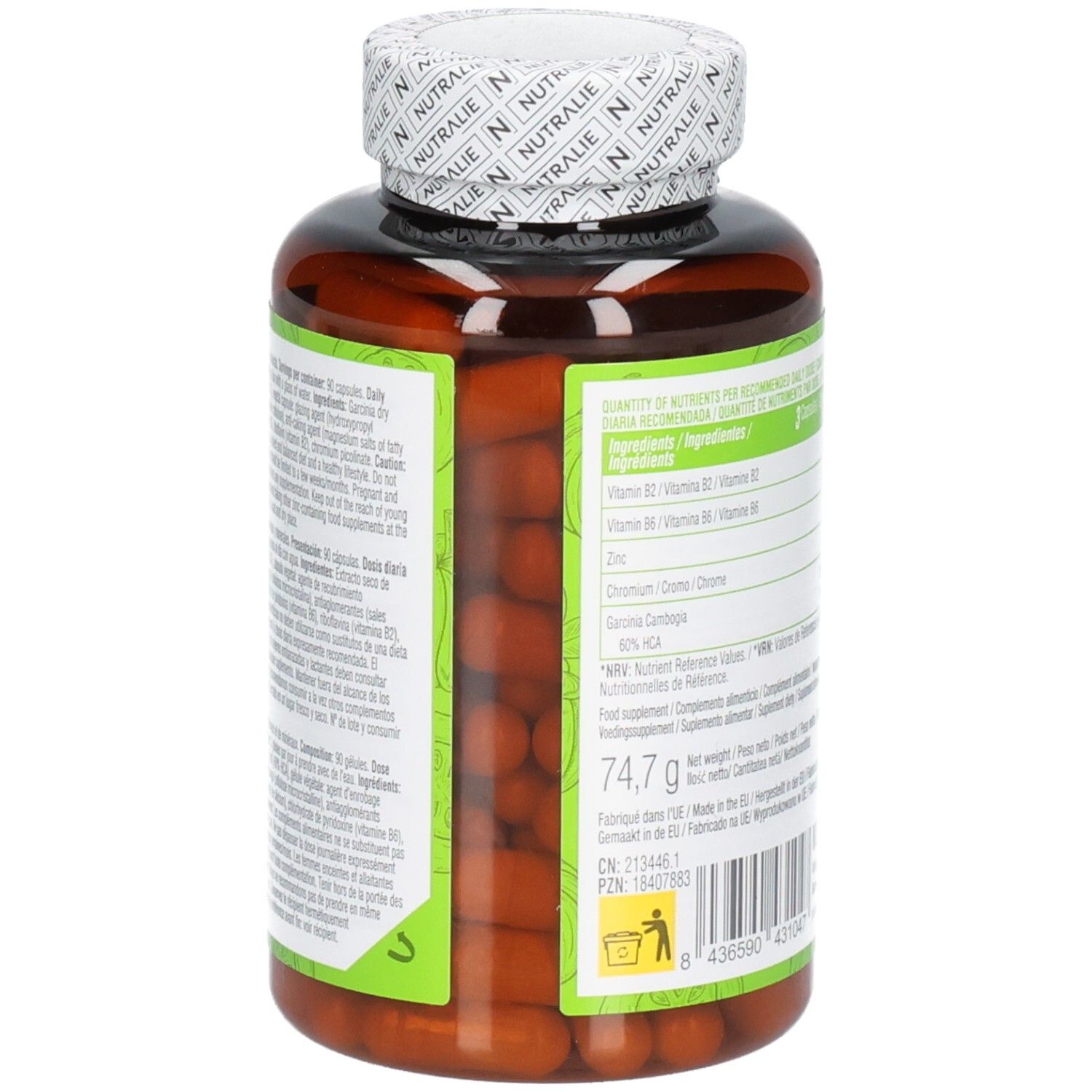 Zijaanzicht van een bruine capsulefles met groen etiket: Nutralie Garcinia Cambogia Complex, 90 capsules, 74,7g.