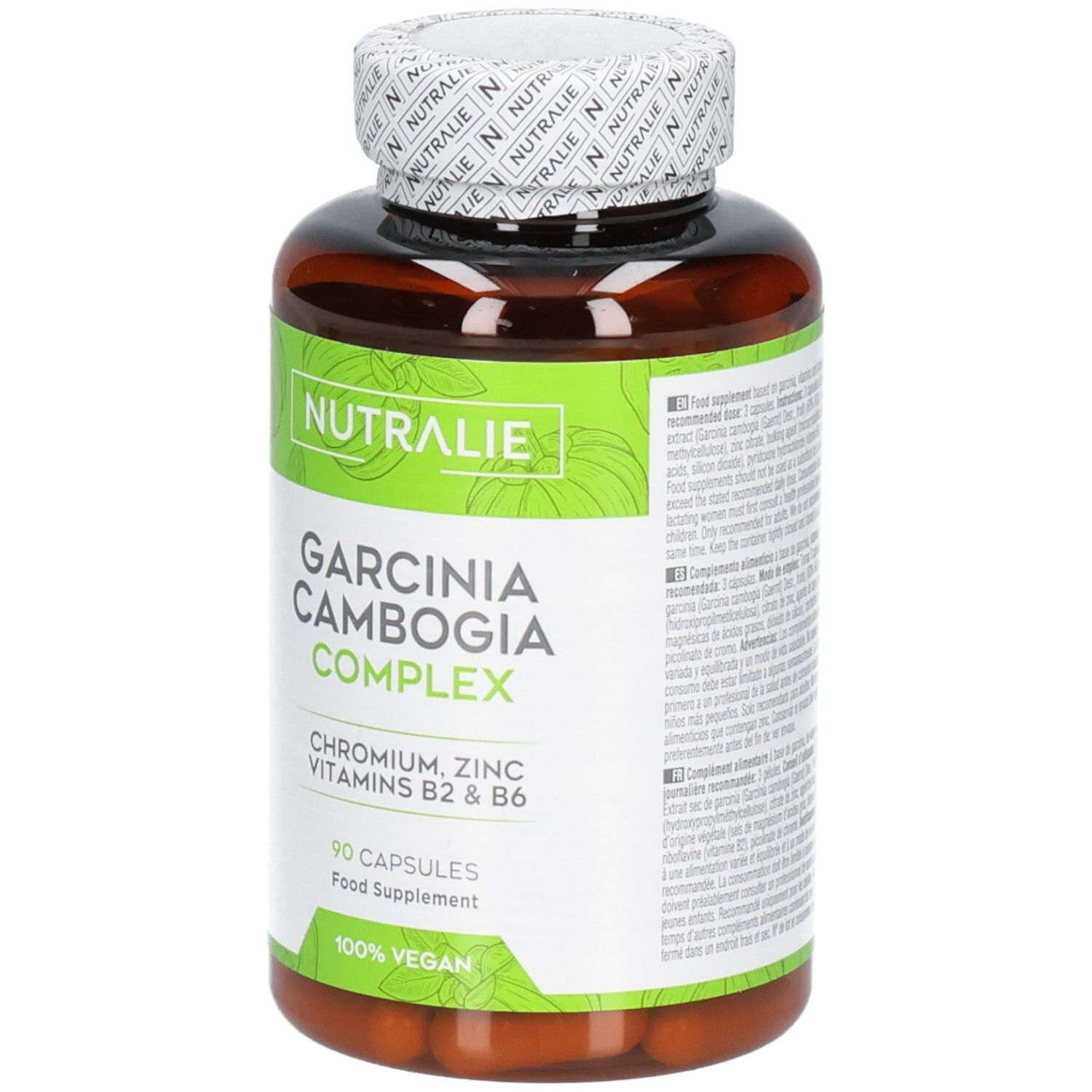 Bruine capsulefles met groen etiket: Nutralie Garcinia Cambogia Complex, 90 capsules, 100% Vegan.