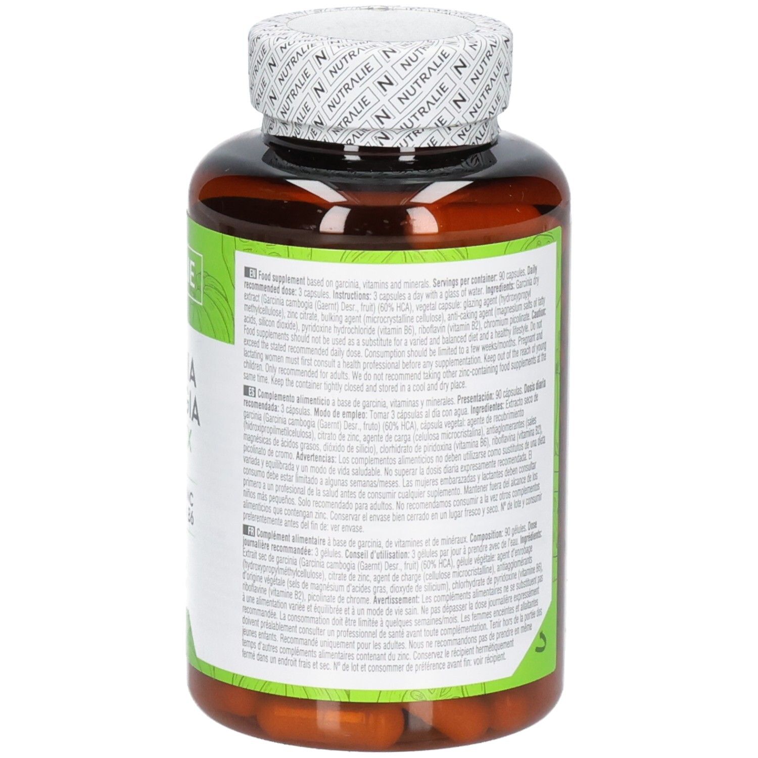 Achterkant van een bruine capsulefles met groen etiket: Nutralie Garcinia Cambogia Complex, voedingswaarde-informatie, 90 capsules.