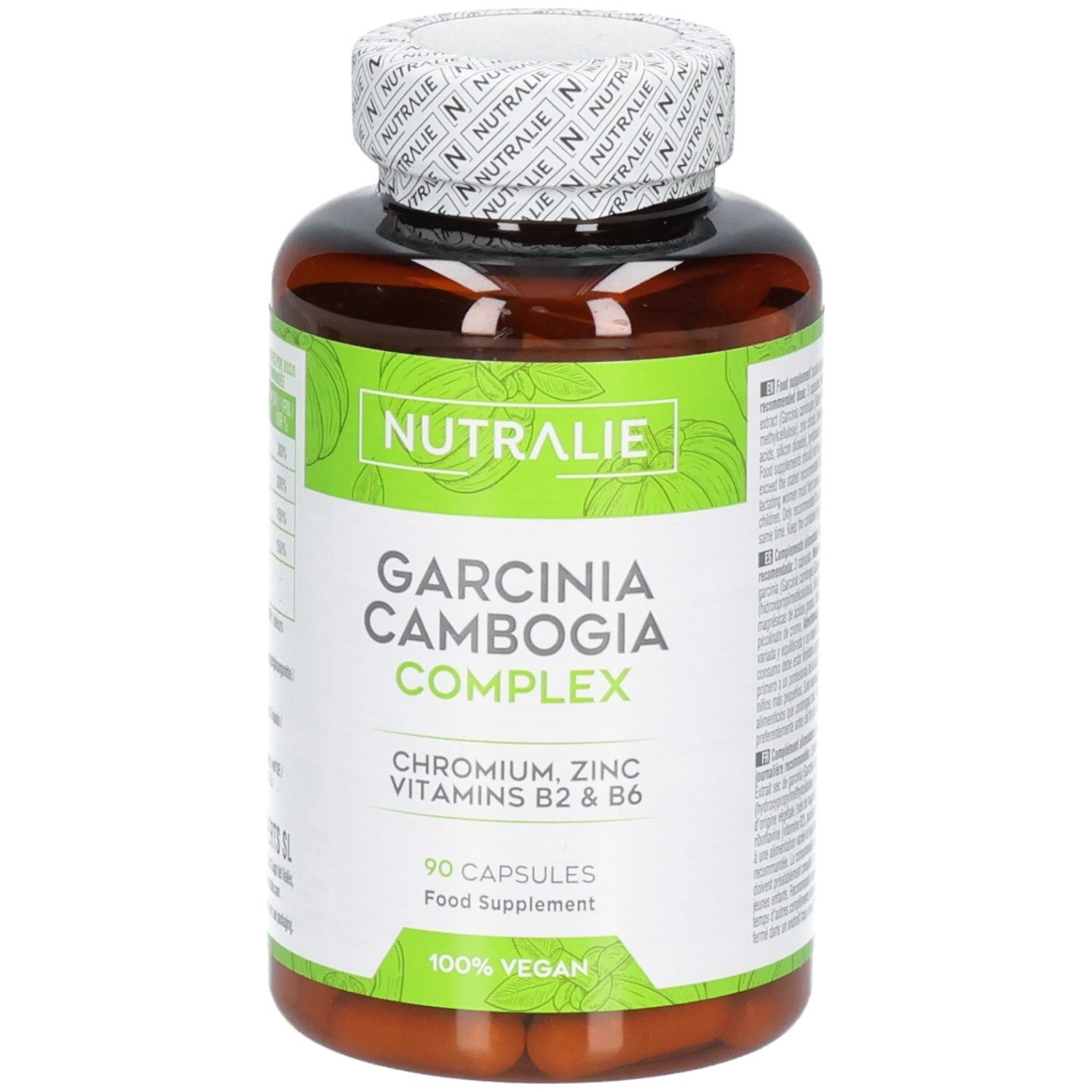Bruine capsulefles met groen etiket: Nutralie Garcinia Cambogia Complex, 90 capsules, 100% Vegan.