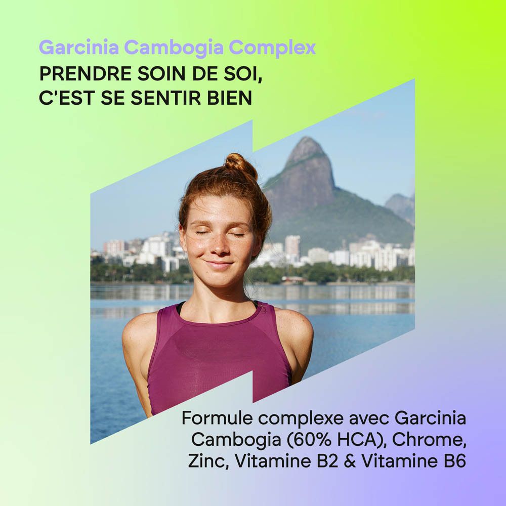 Femme se détendant à l'extérieur. Texte : Garcinia Cambogia Complex. Prendre soin de soi, c'est se sentir bien.