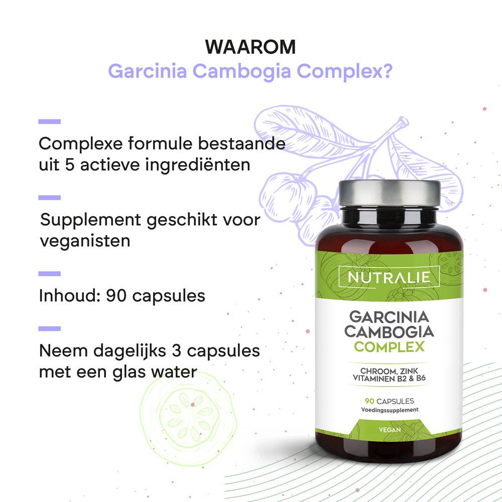 Fles Nutralie Garcinia Cambogia Complex naast infografiek. Bevat 90 capsules, vegan.