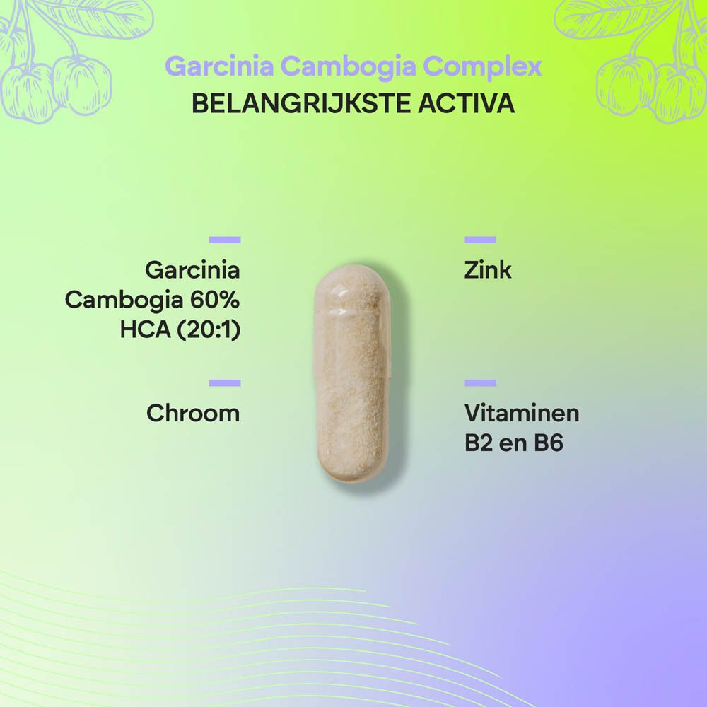 Enkele capsule met ingrediëntenlijst: Garcinia Cambogia 60% HCA, Chroom, Zink, Vitamines B2 & B6.