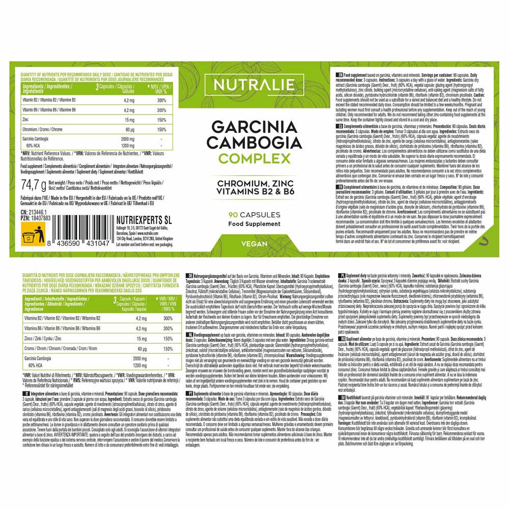 Fles Nutralie Garcinia Cambogia Complex met gedetailleerde informatie op het etiket.