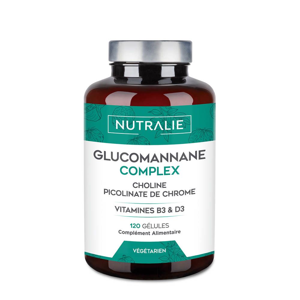 Bouteille Nutralie Glucomannan Complex, 120 gélules végétariennes, étiquetage français.