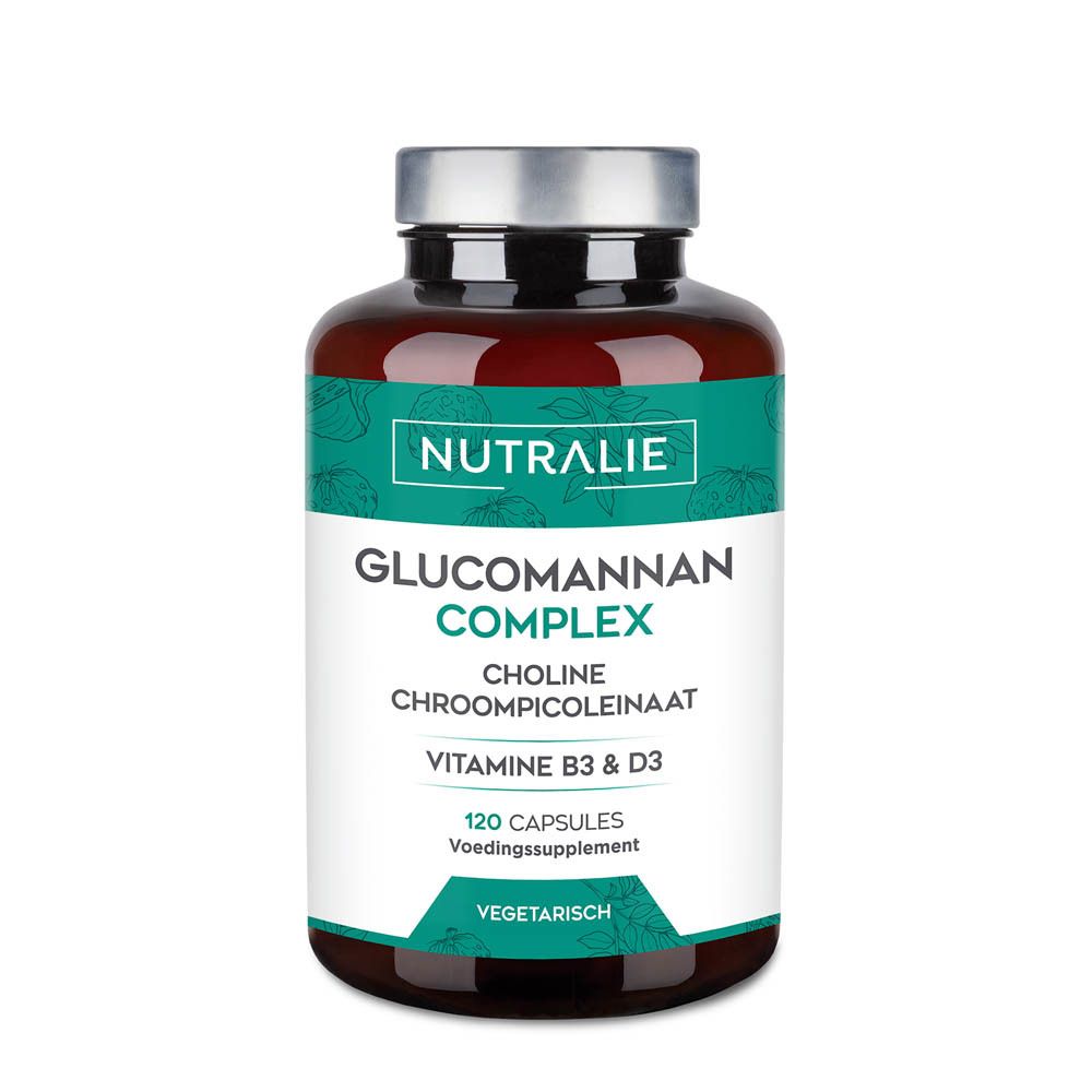 Nutralie Glucomannan Complex fles, 120 vegetarische capsules, Nederlandse etikettering.