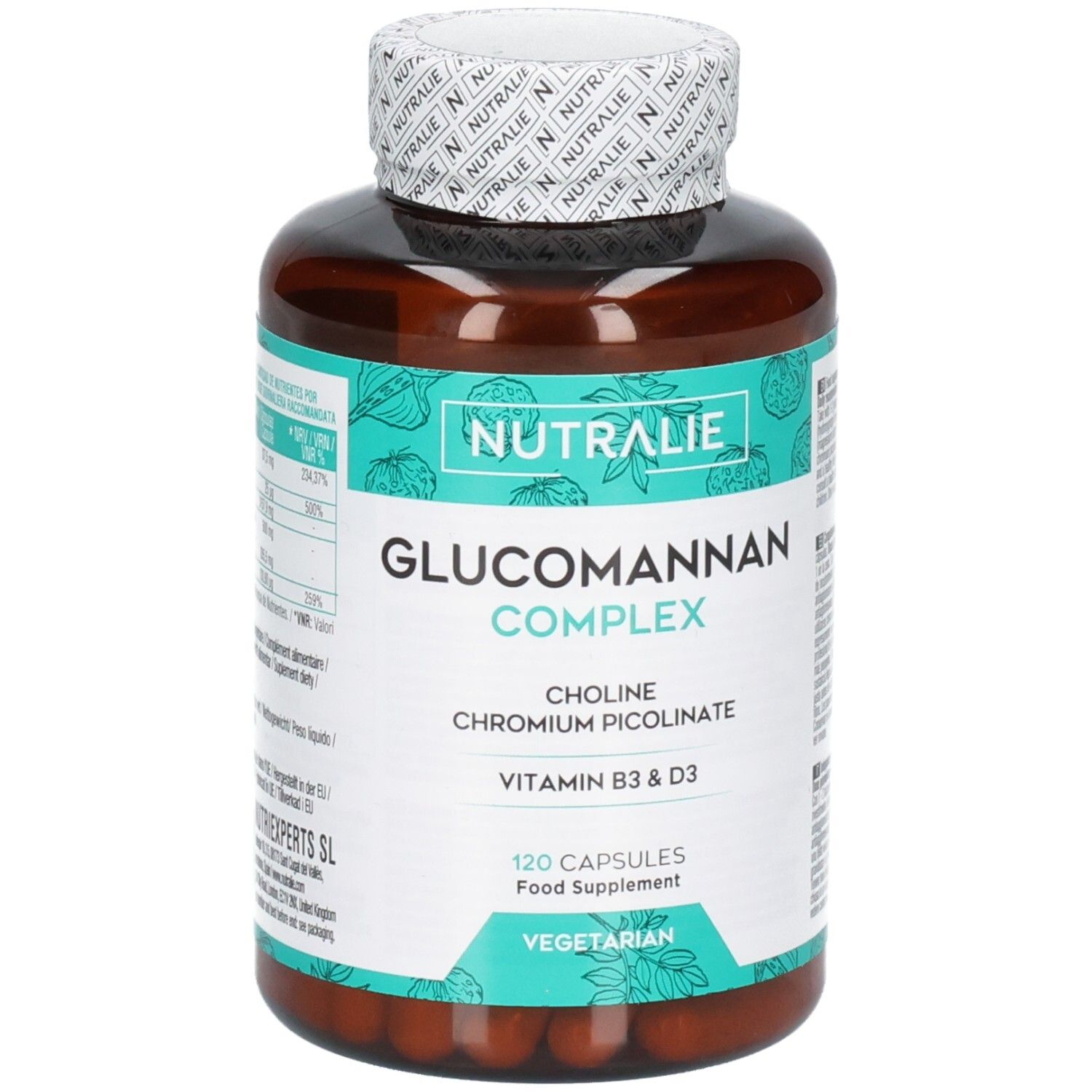 Bouteille brune de Nutralie Glucomannan Complex, 120 gélules, végétarien.