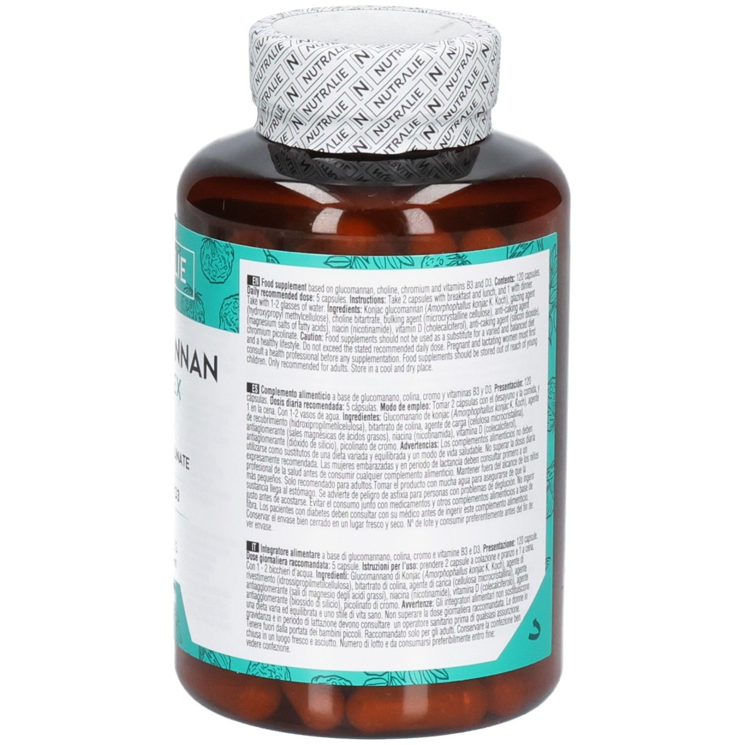 Vue détaillée des informations nutritionnelles sur la bouteille Nutralie Glucomannan Complex.