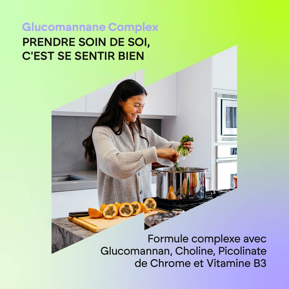 Arrière de la bouteille Nutralie Glucomannan Complex, étiquetage français.