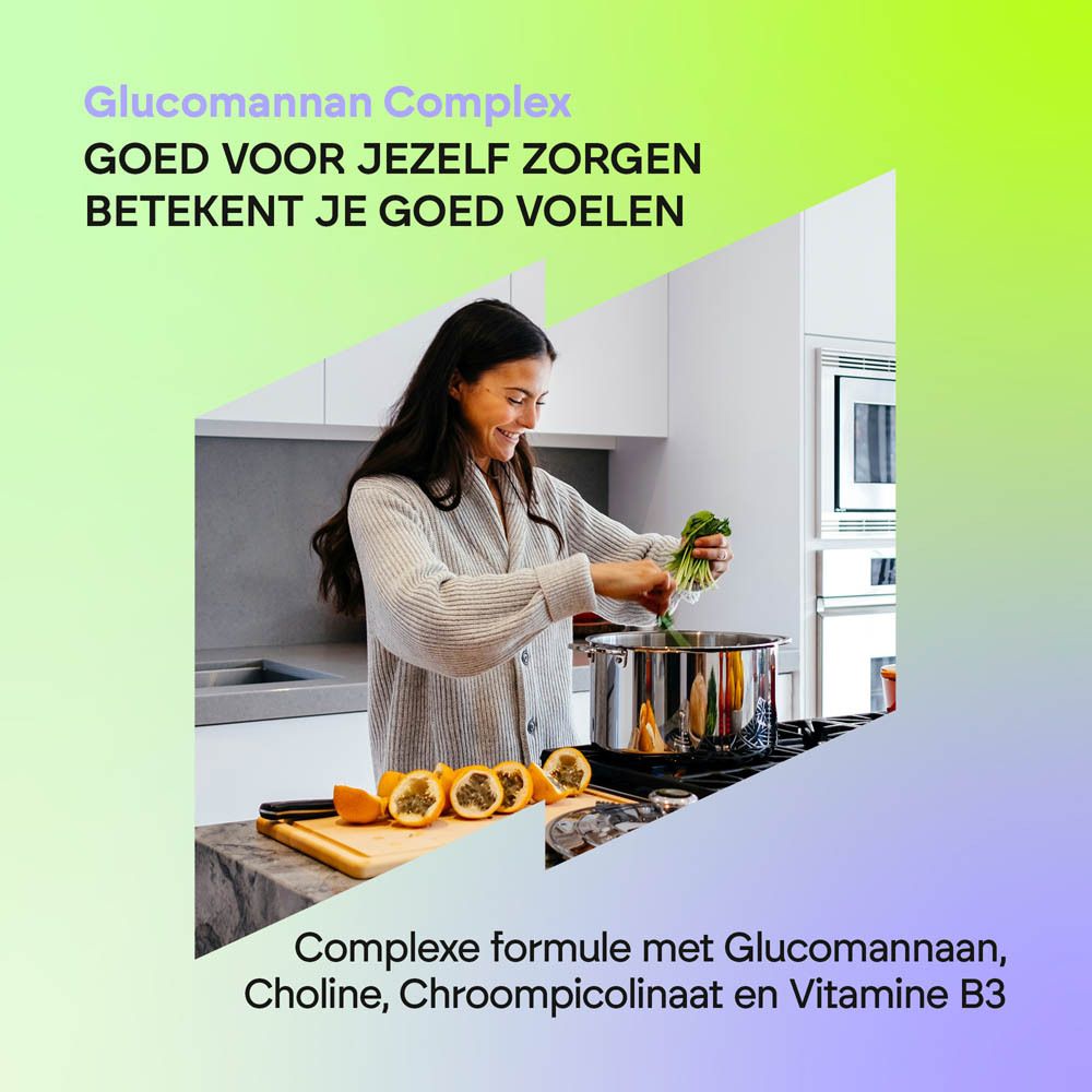 Achterkant van de Nutralie Glucomannan Complex fles, Nederlandse etikettering.