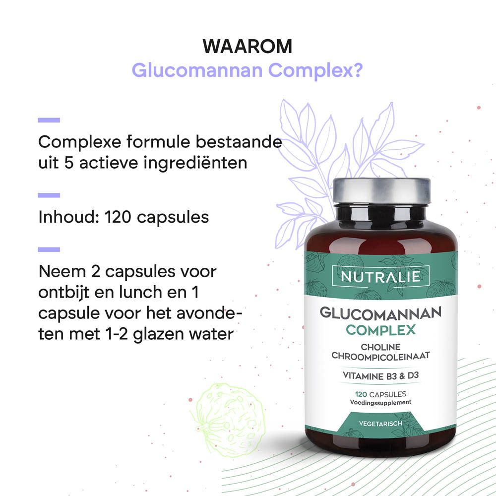 Zijaanzicht van de Nutralie Glucomannan Complex fles, Nederlandse etikettering.