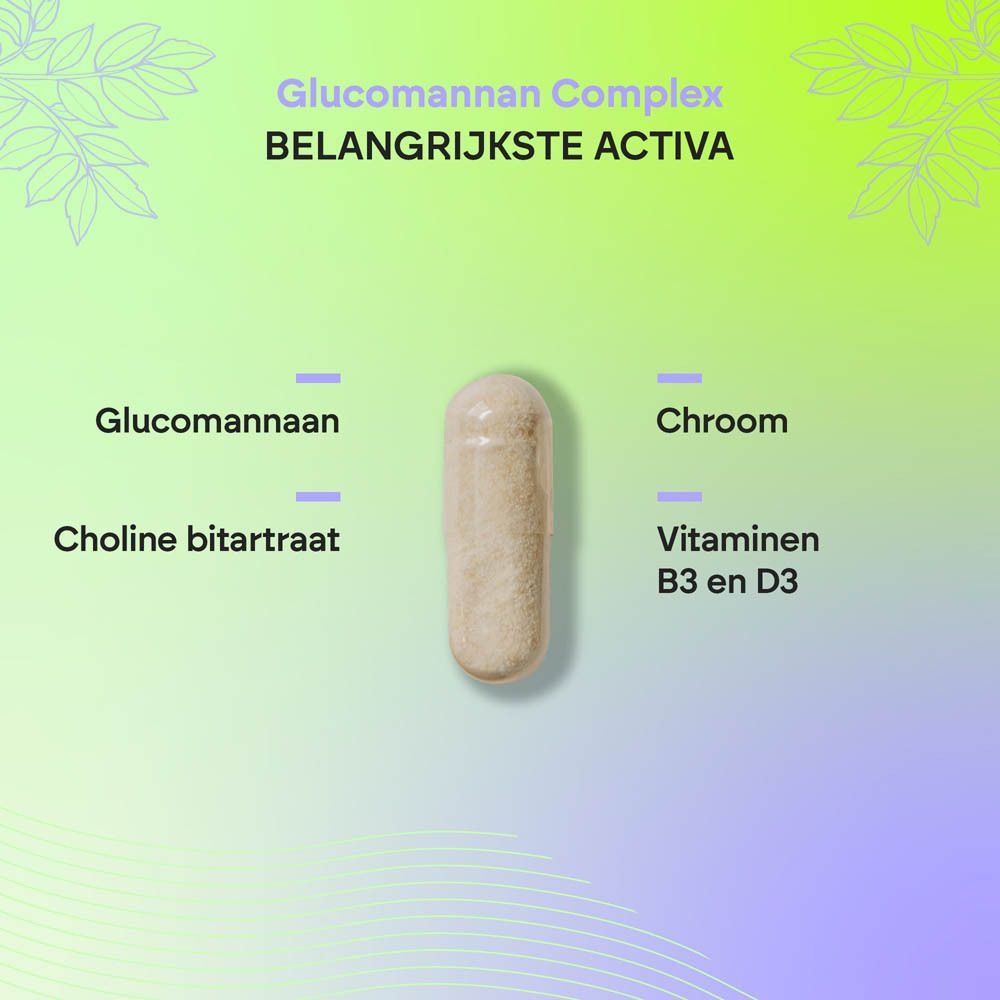 Vooraanzicht van de Nutralie Glucomannan Complex fles, Nederlandse etikettering.