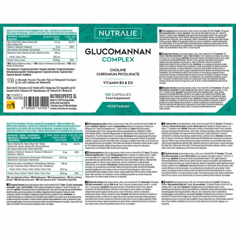 Gedetailleerd zicht op de ingrediënten op de Nutralie Glucomannan Complex fles, in het Frans.