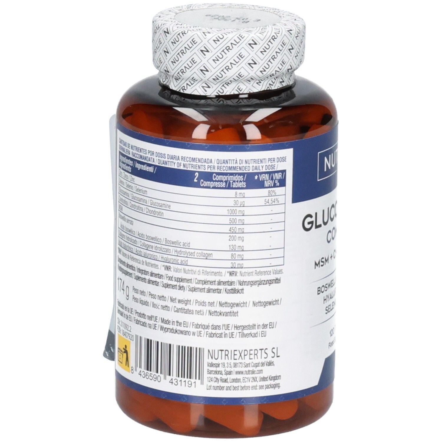 Nutralie Glucosamine Complex: Arrière de la bouteille avec informations nutritionnelles et ingrédients. 120 comprimés.