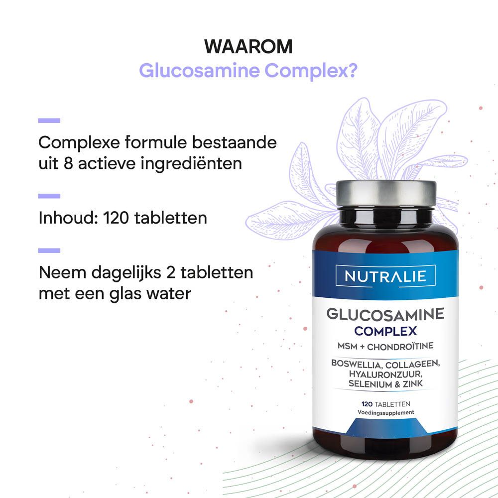 Nutralie Glucosamine Complex fles met informatie over ingrediënten en hoeveelheid.