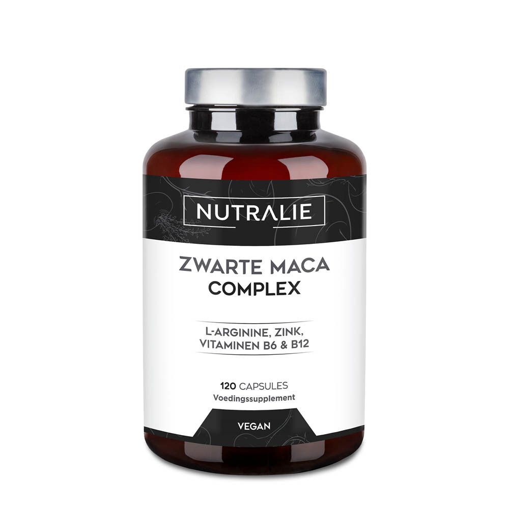 Nutralie Zwarte Maca Complex: Bruine pot met 120 capsules, vegan.