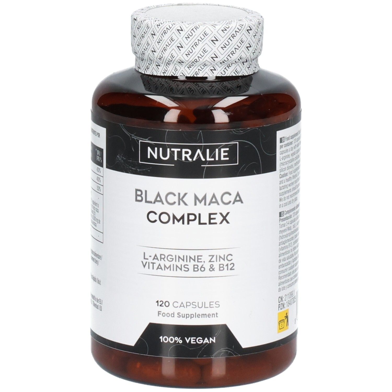 Nutralie Black Maca Complex : Flacon de 120 gélules, végan. Contient L-Arginine, Zinc, Vitamines B6 & B12.