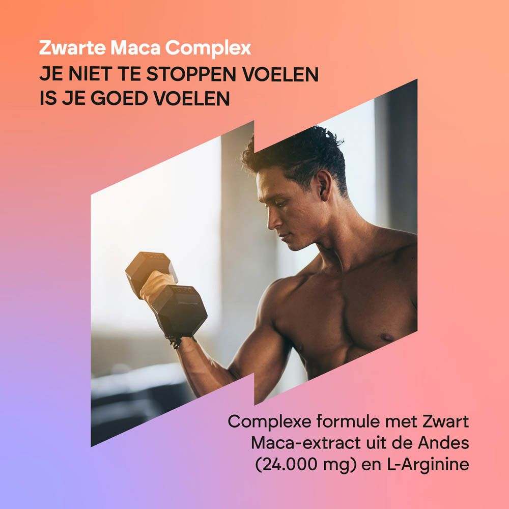 Man die een halter optilt. "Zwarte Maca Complex: Je niet te stoppen voelen is je goed voelen". Complexe formule met Zwart Maca-extract en L-Arginine.