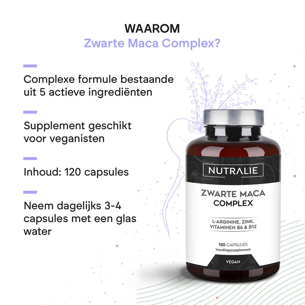 Nutralie Zwarte Maca Complex: Pot, complexe formule, 120 capsules, geschikt voor veganisten.