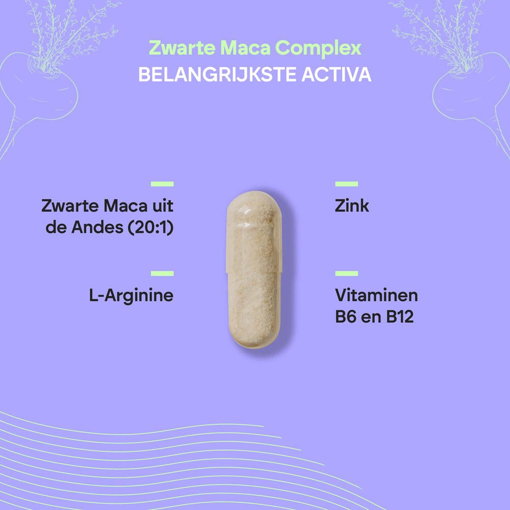 Nutralie Zwarte Maca Complex: Een capsule met zijn ingrediënten: Zwarte Maca, L-Arginine, Zink, Vitamines B6 en B12.