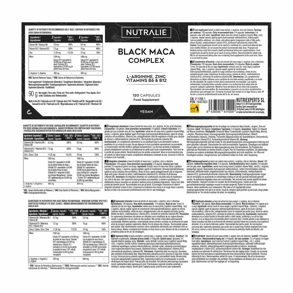 Nutralie Black Maca Complex: Achterkant van de pot met voedingswaarden en ingrediënten.