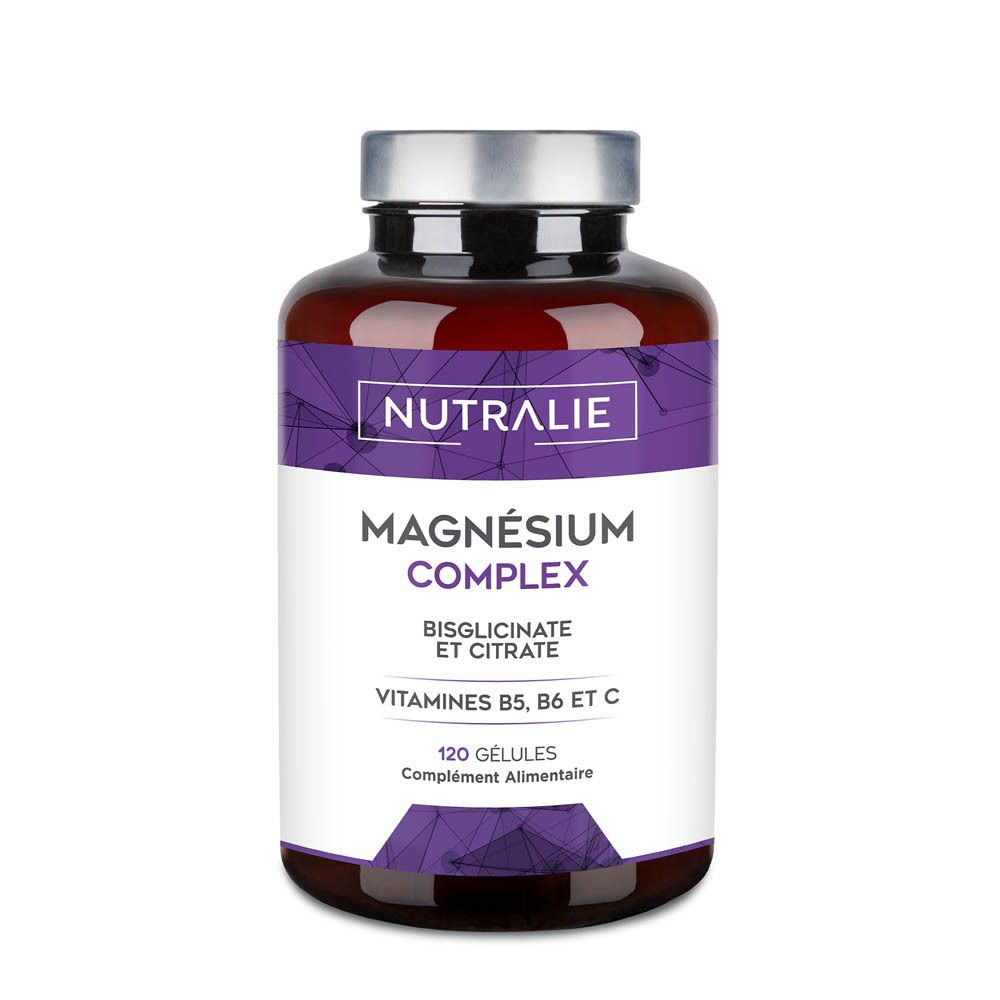 Nutralie Magnesium Complex Gélules: Flacon brun de 120 gélules. Contient du bisglycinate & citrate de magnésium, vitamines B5, B6 & C.