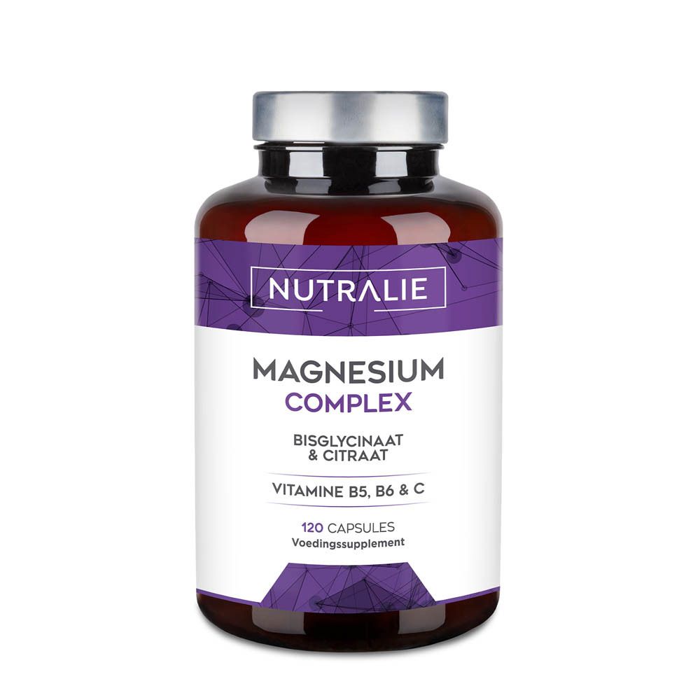 Nutralie Magnesium Complex Capsules: Bruine fles met 120 capsules. Bevat magnesiumbisglycinaat & citraat, vitamines B5, B6 & C.