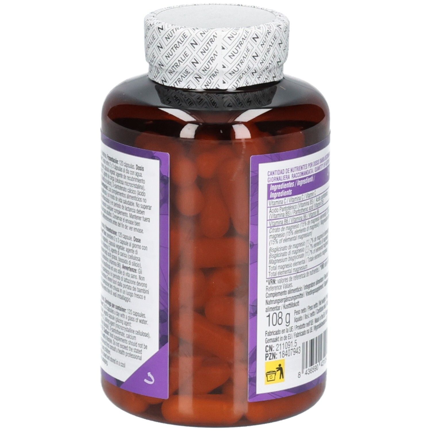 Vue latérale du flacon Nutralie Magnesium Complex Gélules avec informations nutritionnelles.