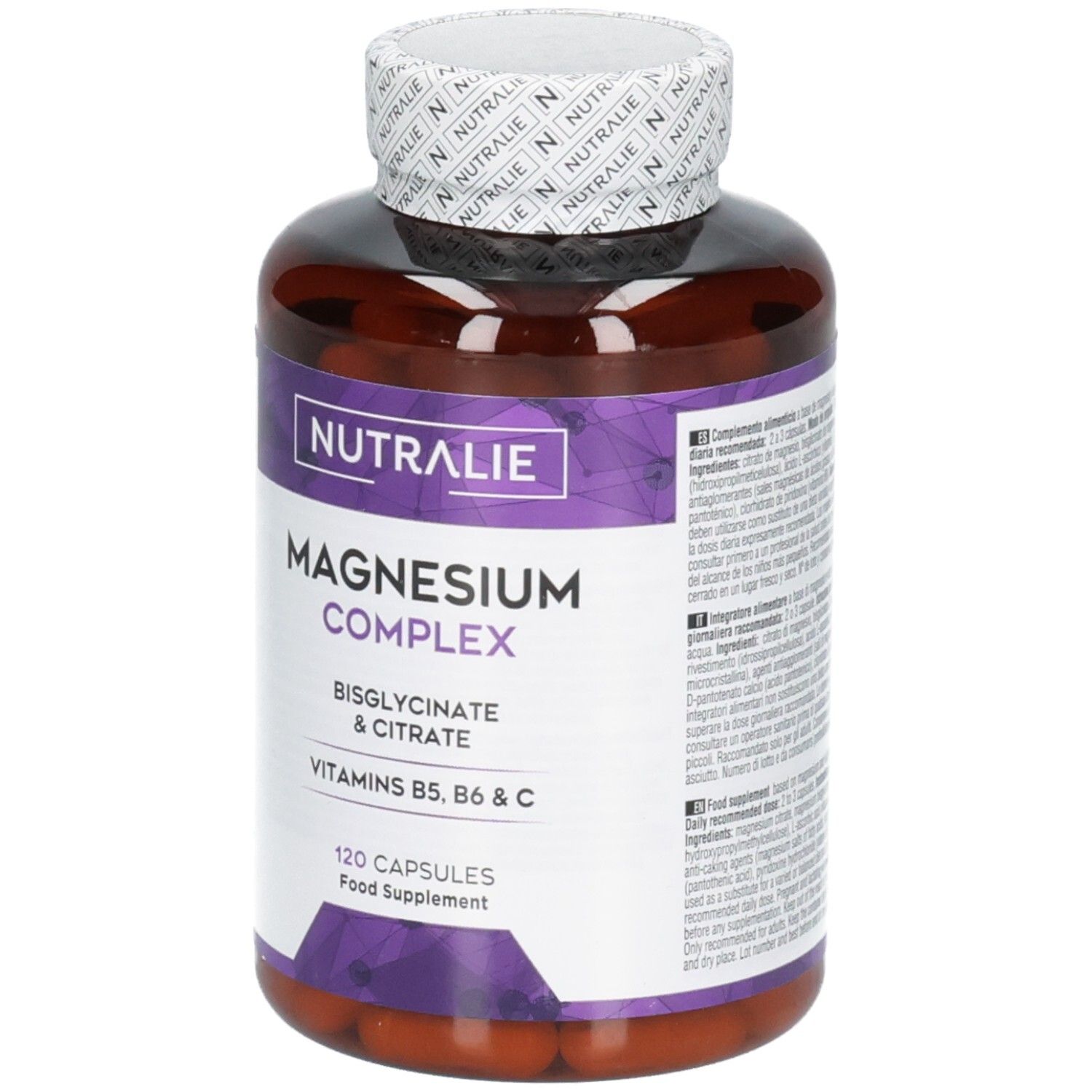 Nutralie Magnesium Complex Gélules: Flacon brun de 120 gélules. Contient du bisglycinate & citrate de magnésium, vitamines B5, B6 & C.