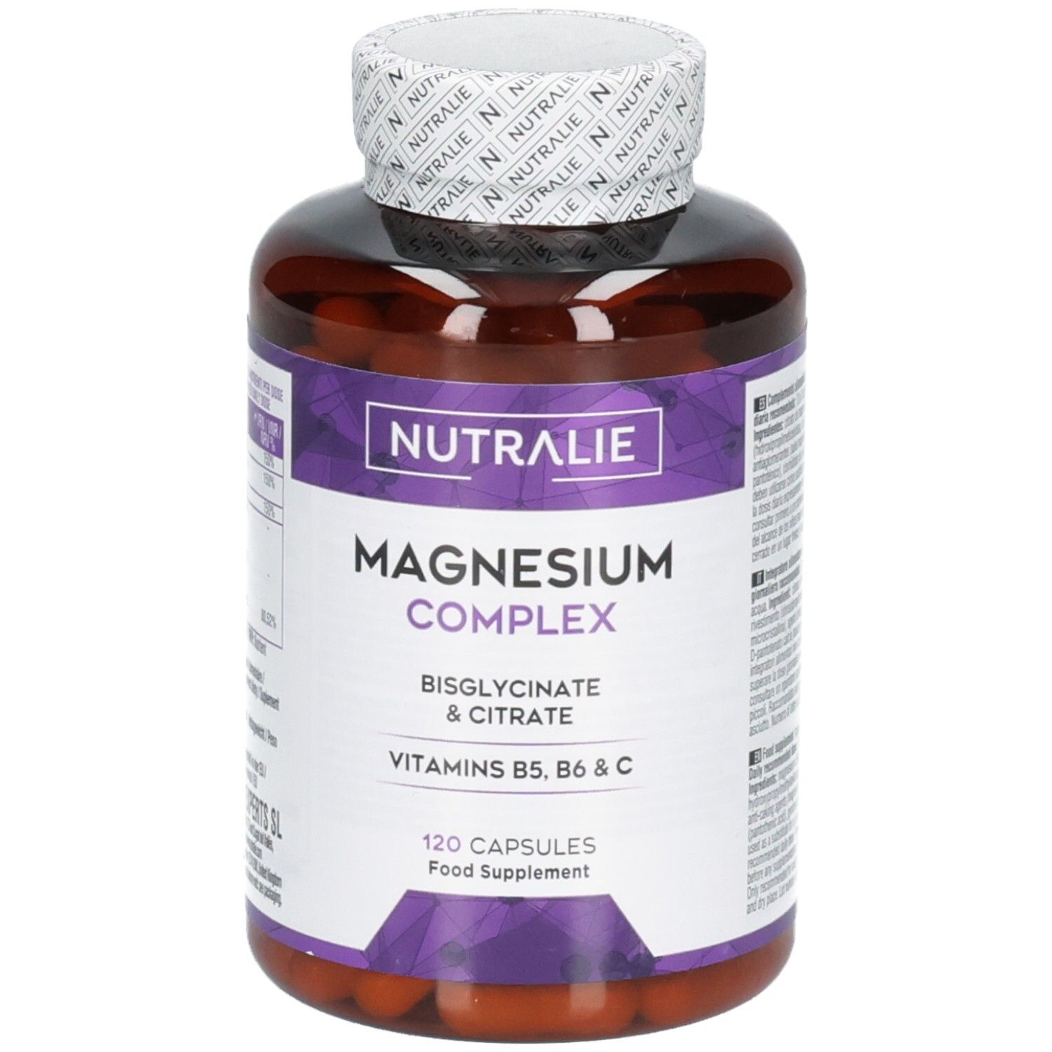 Nutralie Magnesium Complex Gélules: Flacon brun de 120 gélules. Contient du bisglycinate & citrate de magnésium, vitamines B5, B6 & C.