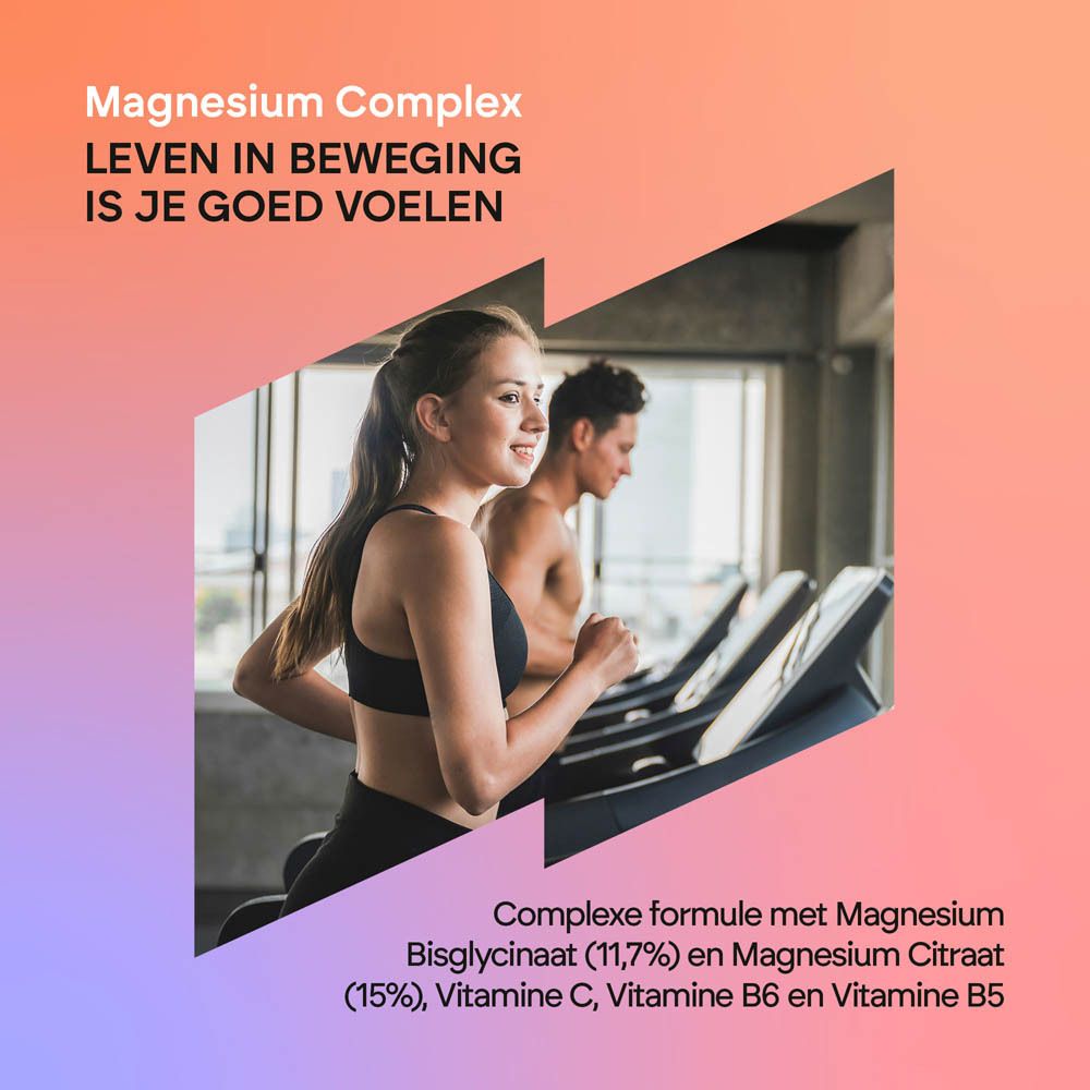 Nutralie Magnesium Complex: Man en vrouw rennen op loopbanden in een sportschool. Tekst: 'Magnesium Complex leven in beweging is je goed voelen'.
