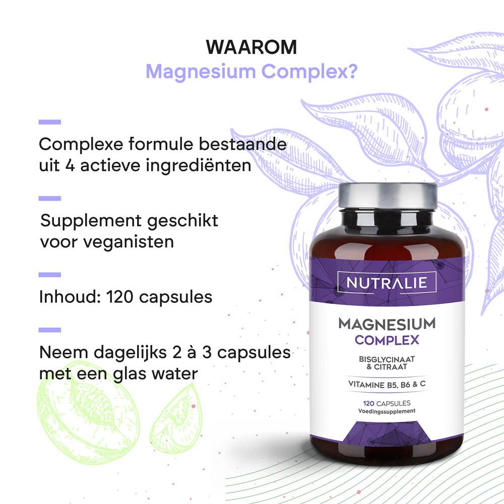 Nutralie Magnesium Complex: Infographic met teksten over de voordelen en samenstelling van het product. Fles ernaast.