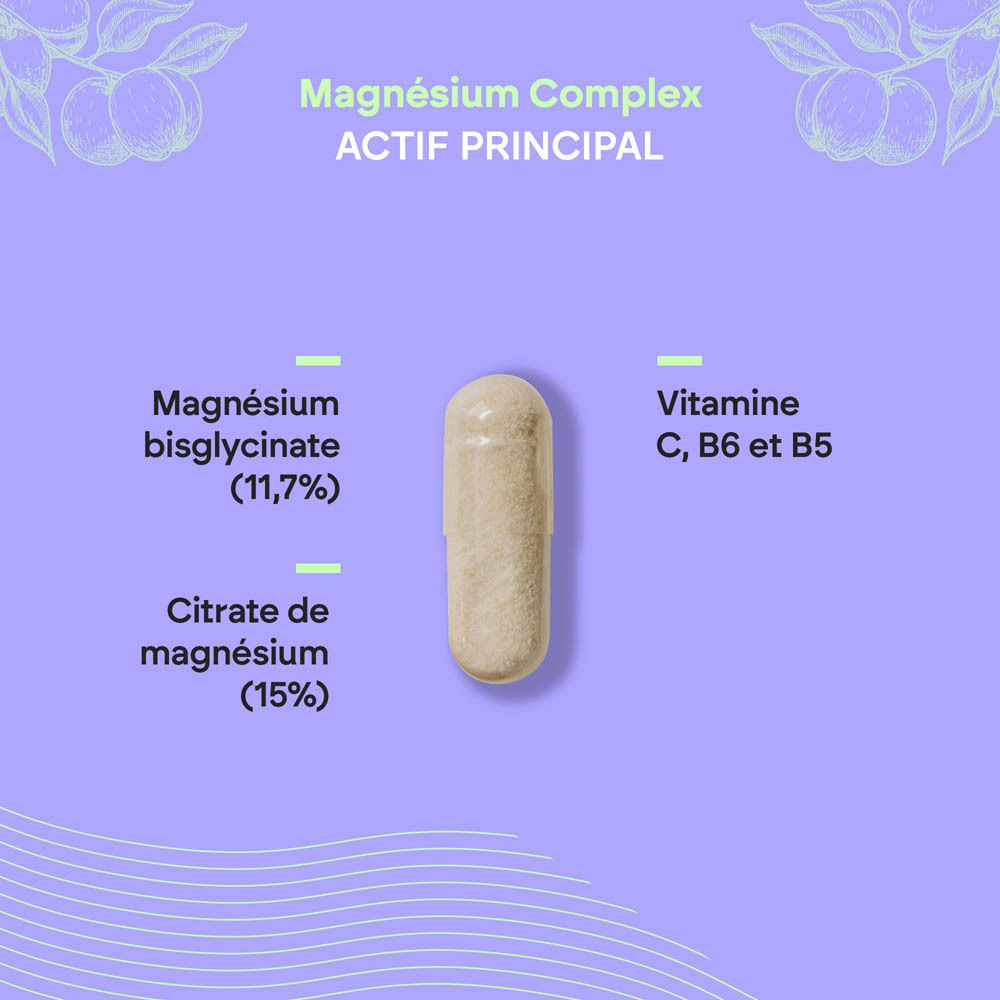 Nutralie Magnesium Complex: Gros plan d'une seule gélule. Texte : 'Magnésium bisglycinate (11,7%)', 'Citrate de magnésium (15%)', 'Vitamine C, B6 et B5'.