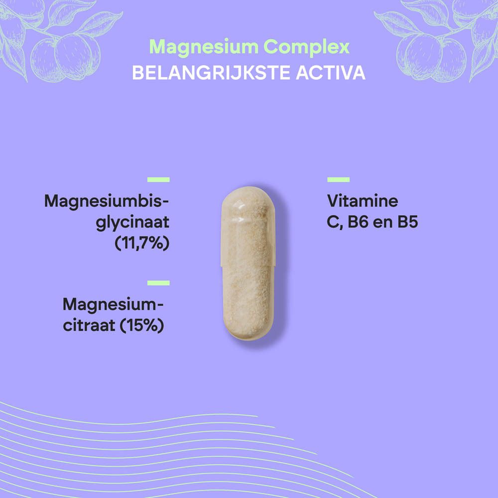 Nutralie Magnesium Complex: Close-up van een enkele capsule. Tekst: 'Magnesiumbisglycinaat (11,7%)', 'Magnesiumcitraat (15%)', 'Vitamine C, B6 en B5'.