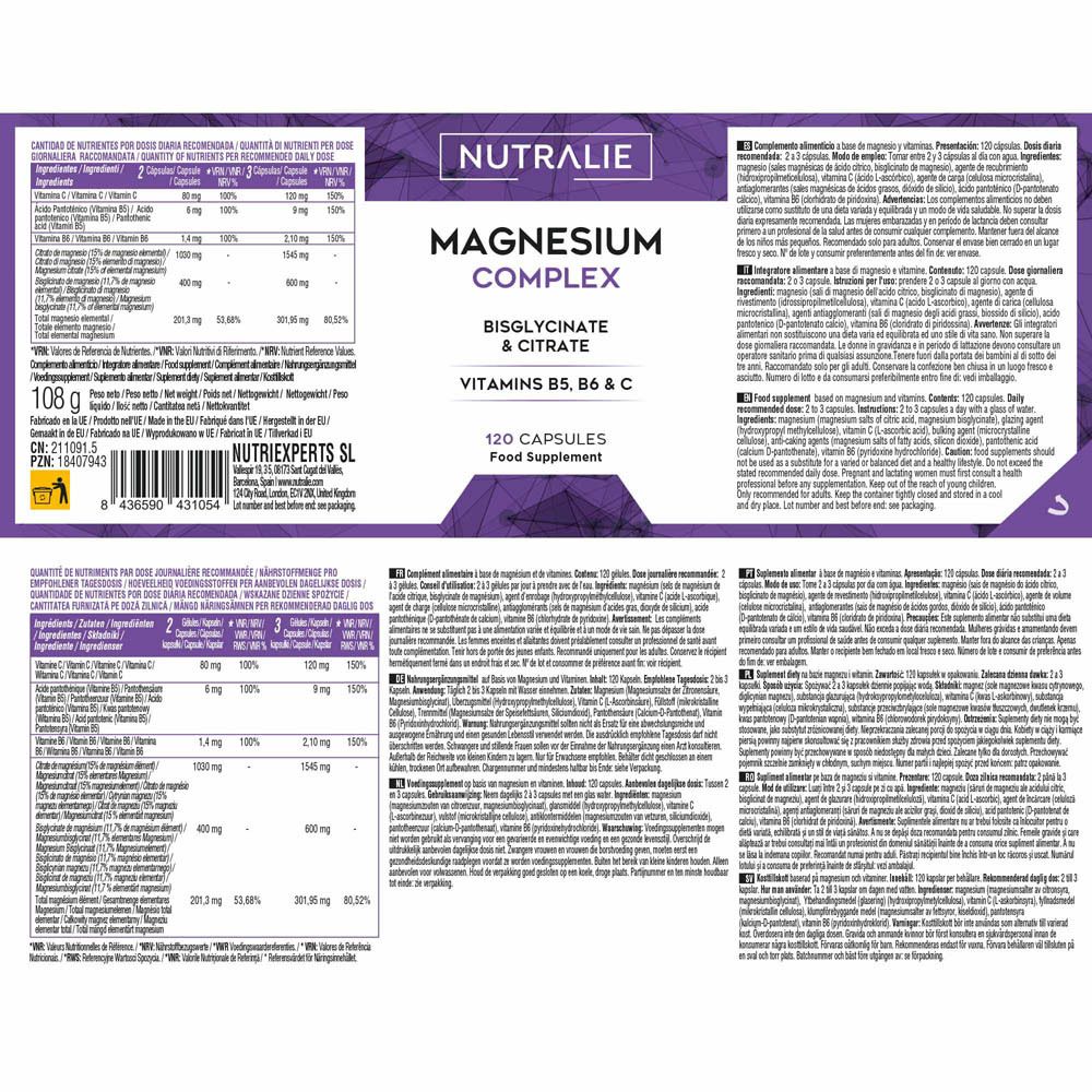 Nutralie Magnesium Complex Capsules: Bruine fles met 120 capsules. Bevat magnesiumbisglycinaat & citraat, vitamines B5, B6 & C.