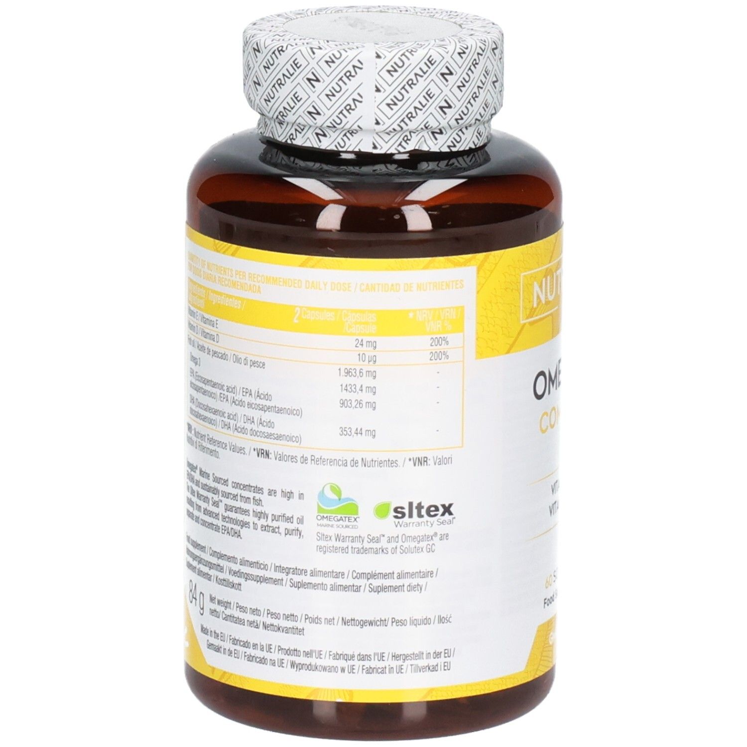 Arrière d'une bouteille Nutralie Omega 3 Complex avec informations nutritionnelles et certifications.