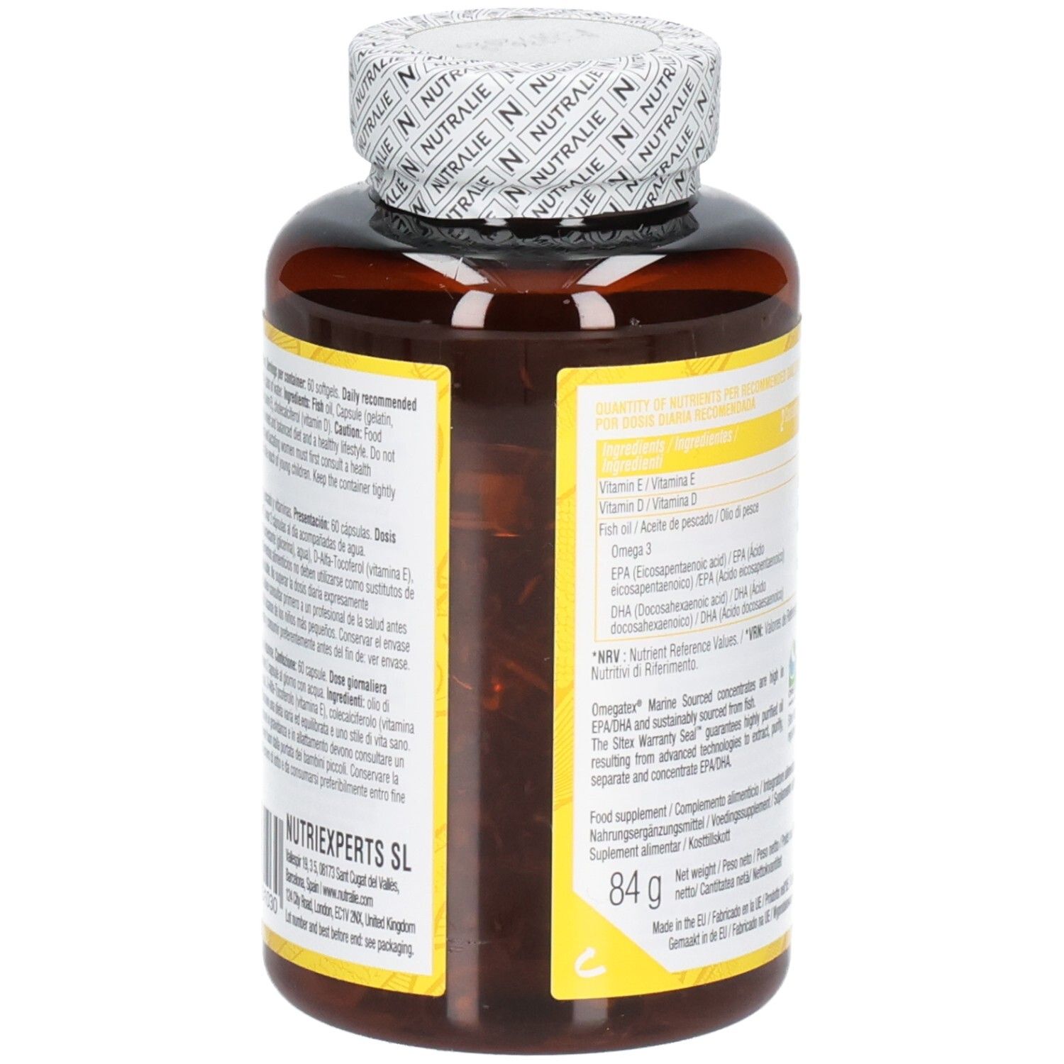 Vue latérale d'une bouteille Nutralie Omega 3 Complex avec informations détaillées sur le produit.