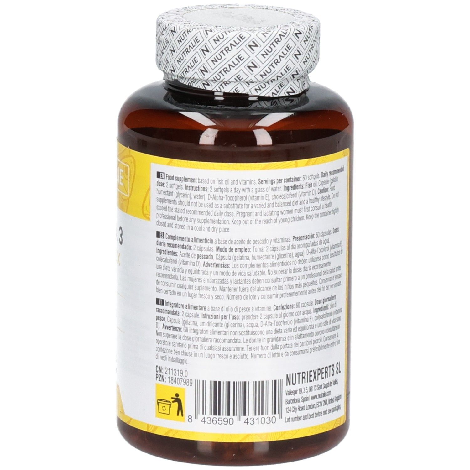 Arrière d'une bouteille Nutralie Omega 3 Complex avec instructions d'utilisation et code-barres.