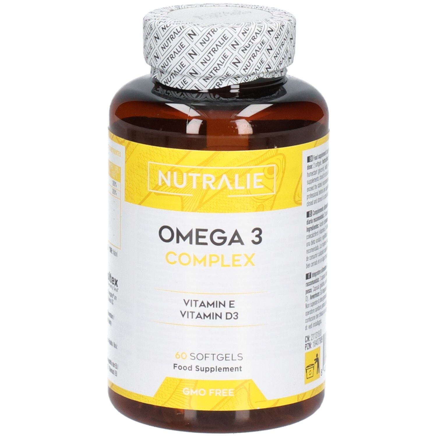 Vue avant d'une bouteille Nutralie Omega 3 Complex de 60 softgels.