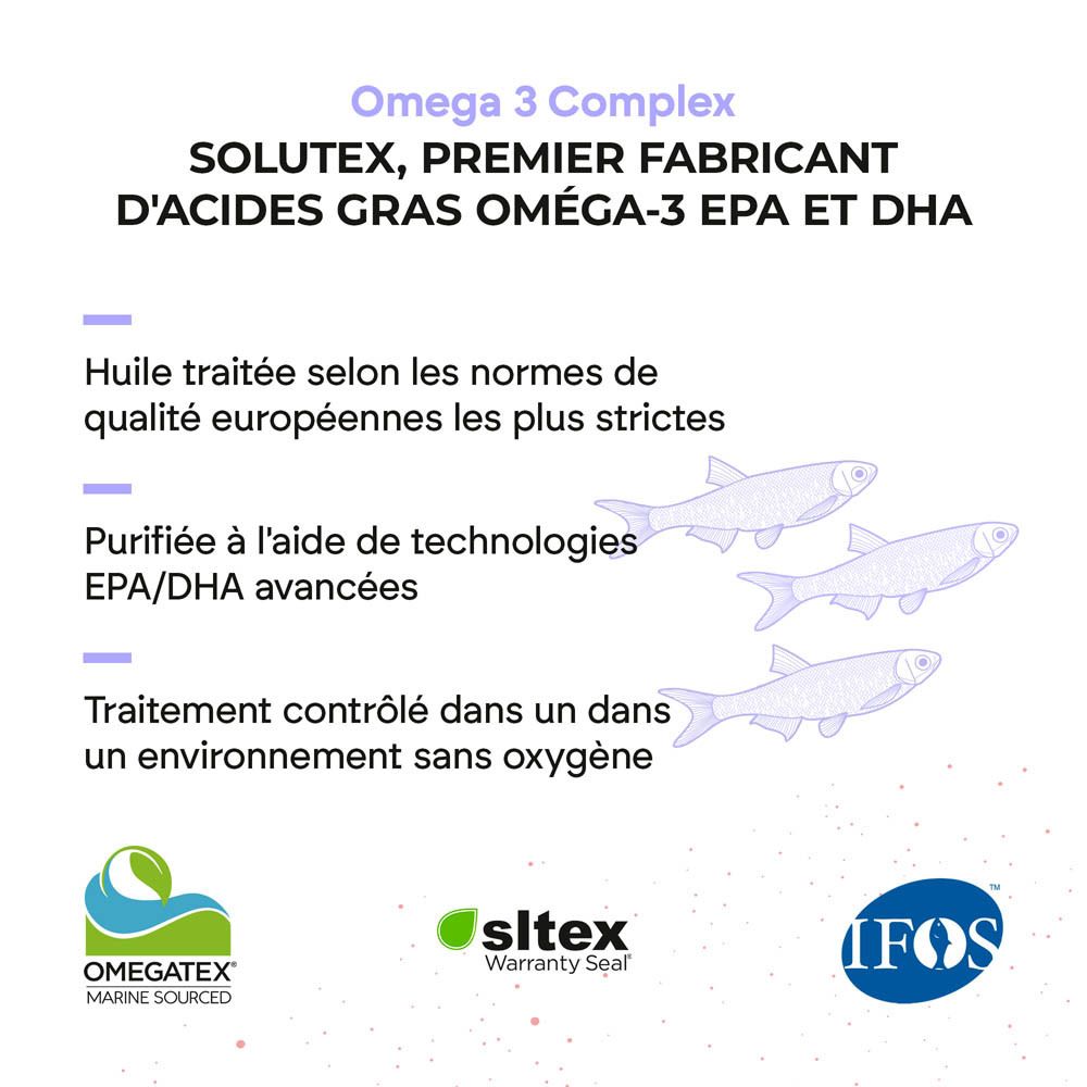 Avant de la bouteille Nutralie Omega 3 Complex, 60 gélules, français.