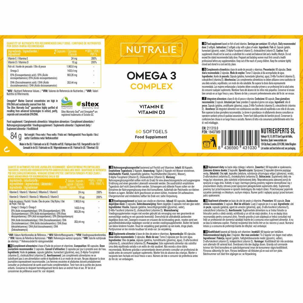 Bouteille Nutralie Omega 3 Complex, 60 gélules, français.
