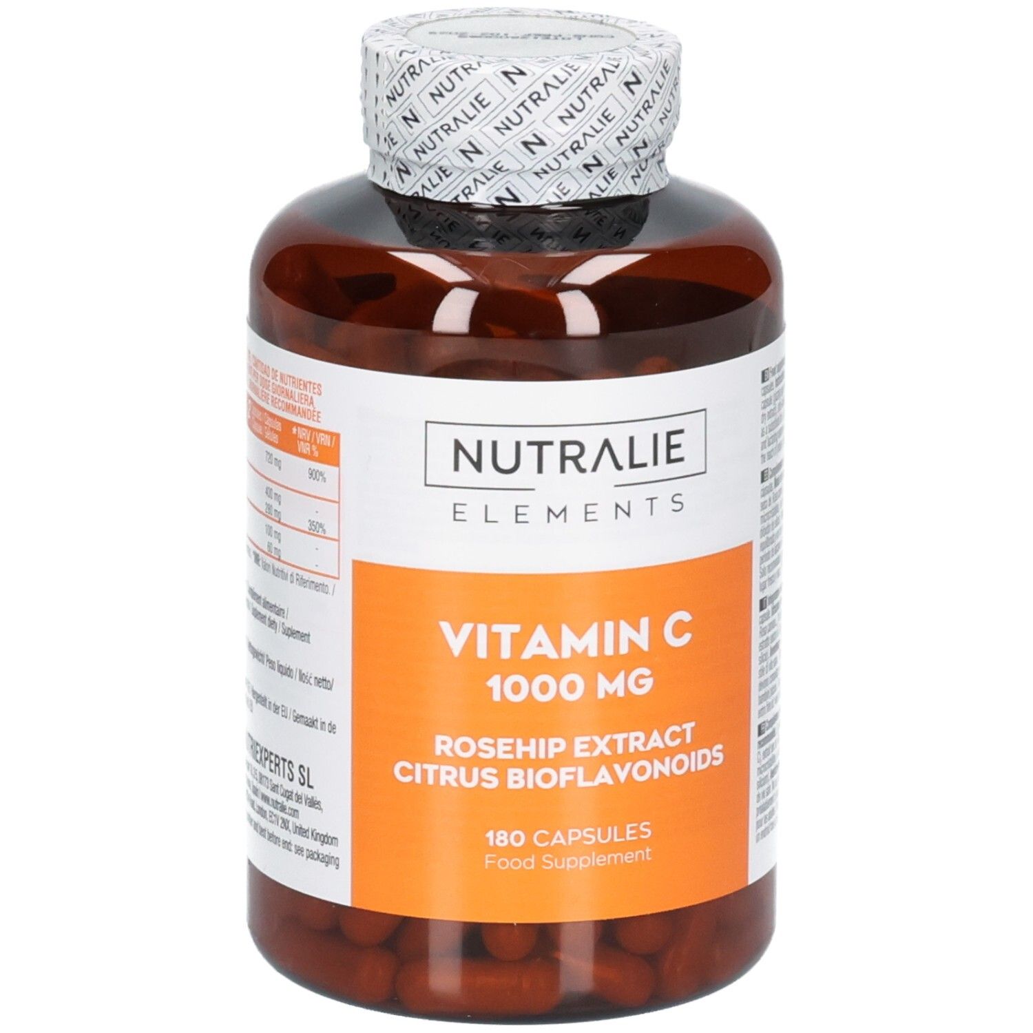 Nutralie Vitamine C 1000 mg fles met 180 capsules, met rozenbottel extract en citrus bioflavonoïden.