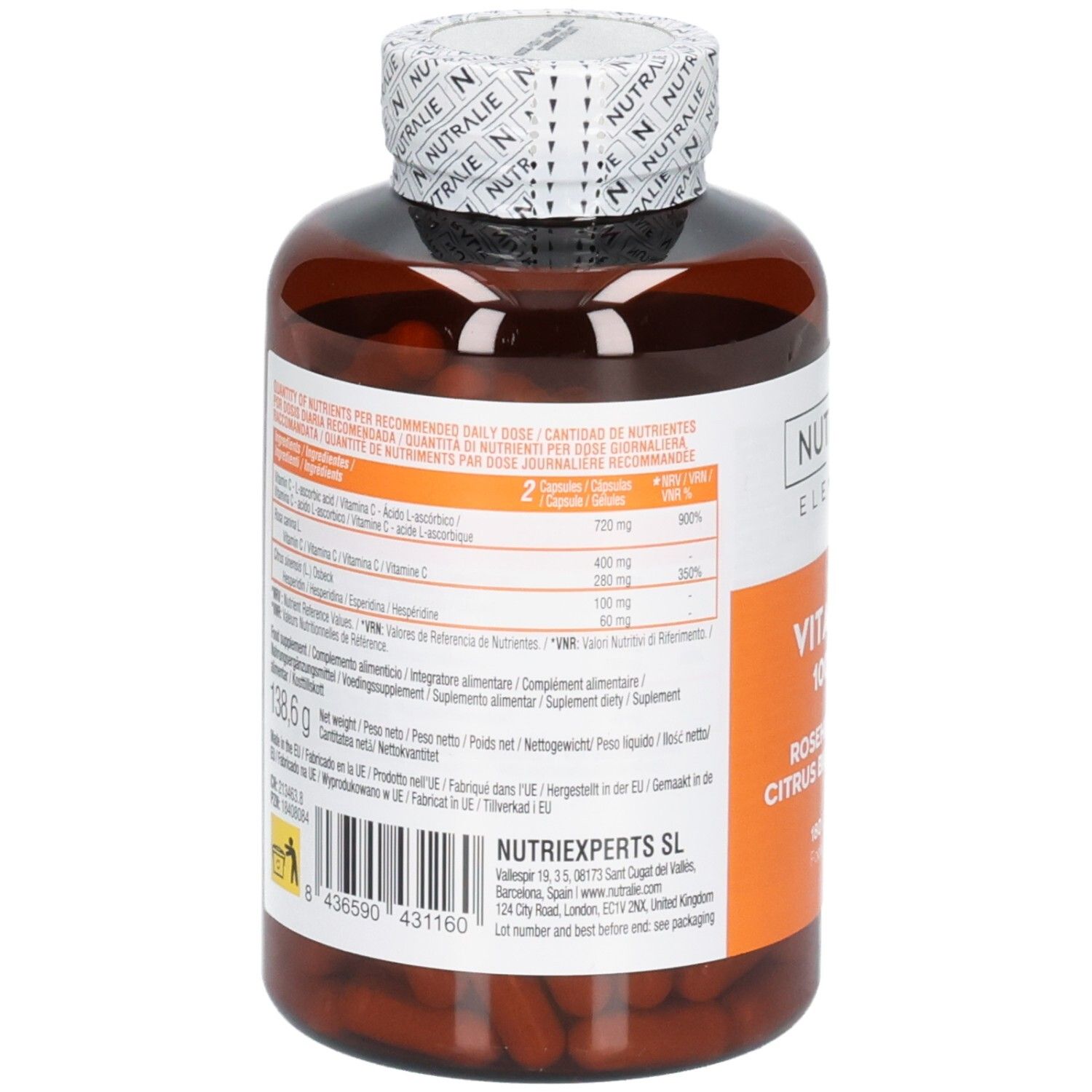 Achterkant van een Nutralie Vitamine C 1000 mg fles met voedingswaarde-informatie en ingrediënten.